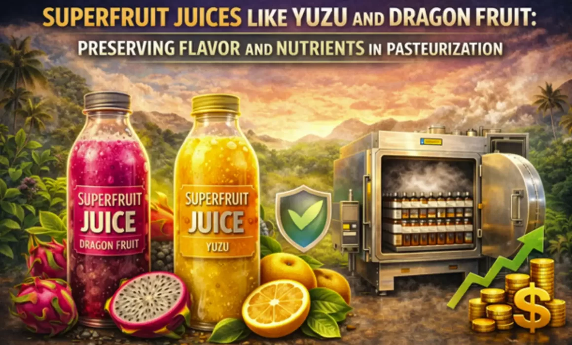 Image of Yuzu and dragon fruit juice processed using tunnel pasteurization
