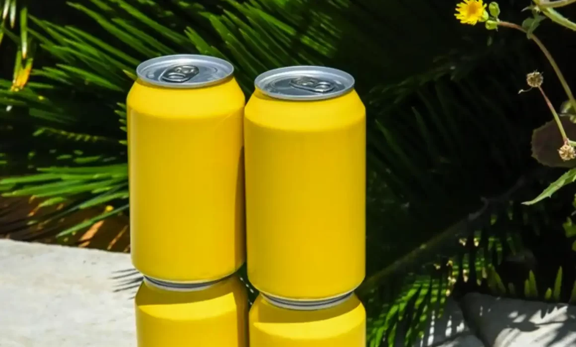 Image of cans of Lion's Mane mushroom beverage production with tunnel pasteurizer